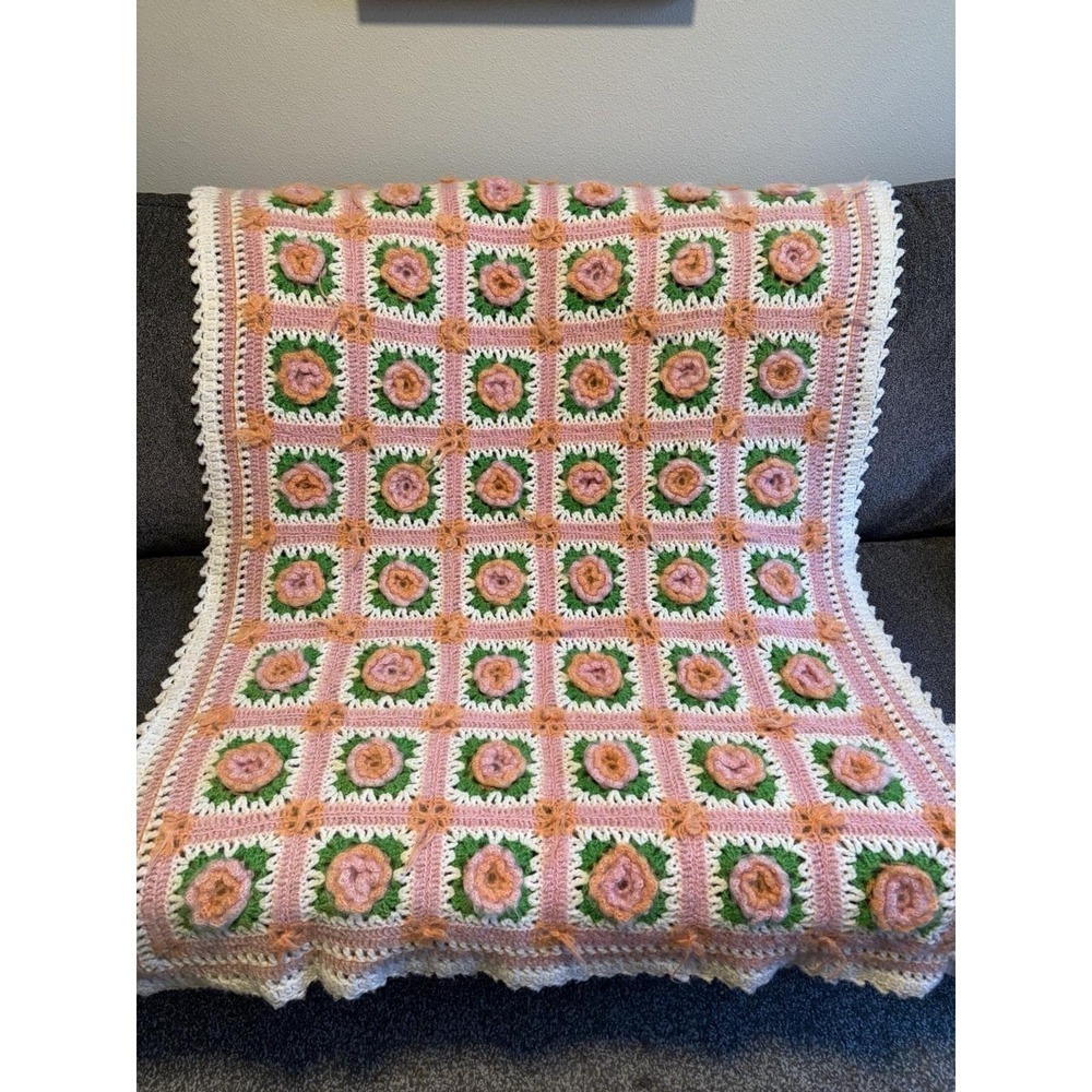Vtg Hand Crocheted Mohair Afghan Blanket 3D Roses Floral Granny Square Pink WOW